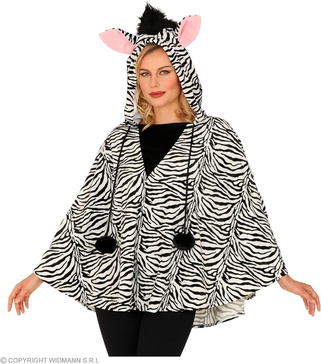 Zebra Kostuum | Duizelingwekkende Zwart Wit Strepen Poncho Zebra | One Size | Carnaval kostuum | Verkleedkleding